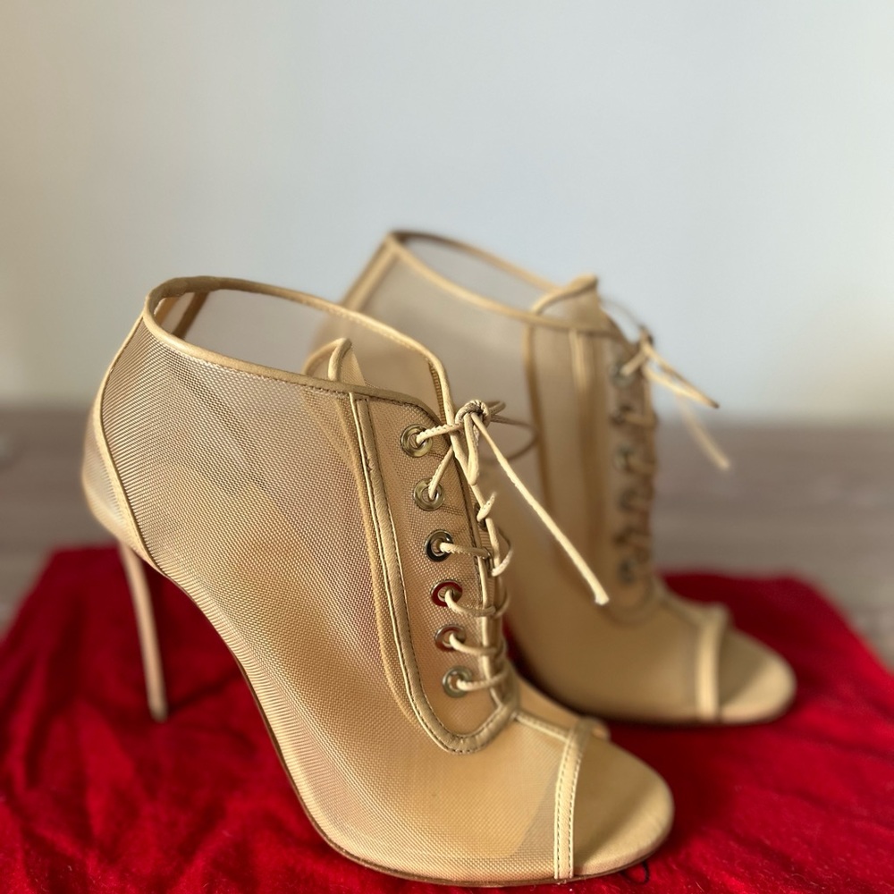 Christian Louboutin, mesh, peep toe booties in nude